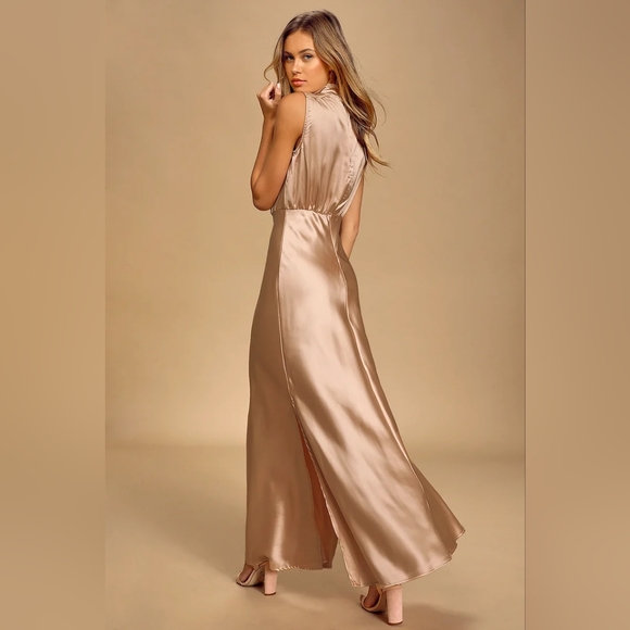 Classic Elegance Blush Satin Sleeveless Mock Neck Maxi Dress - Picture 3 of 9